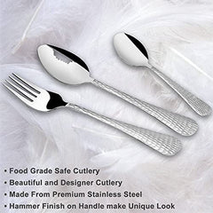 Three designer cutlery pieces shown with text describing food-grade stainless steel and hammered finish.