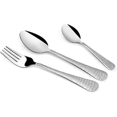 Stainless steel fork, tablespoon, and teaspoon featuring elegant hammered handles on clean white background.