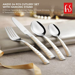 Decorative red and black Anzio cutlery box highlighting gifting purpose and included 24-piece stainless steel set.