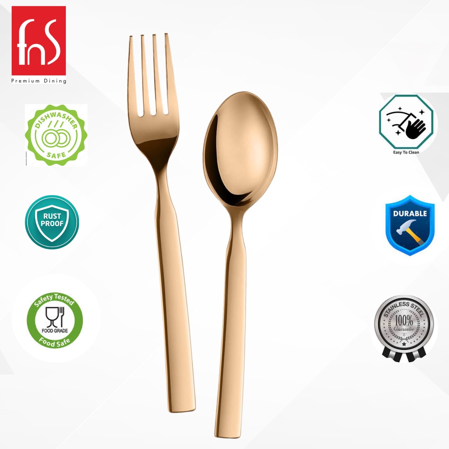Gold spoon and fork shown with dishwasher safe, rust proof, and food grade feature icons.