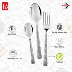 Fork and spoons with textured handles, highlighting mirror finish, dishwasher safe, stainless steel, food grade.