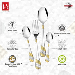 Elegant stainless steel cutlery set with 24K gold plating, mirror finish, dishwasher safe, food grade.
