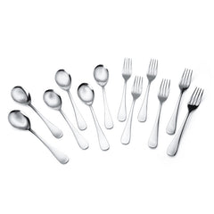 Twelve stainless steel dinner spoons and forks symmetrically arranged on a white background for display.