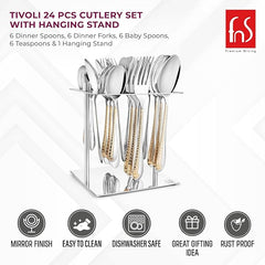 Cutlery set on stand with icons showing features: mirror finish, dishwasher safe, rust proof, etc.