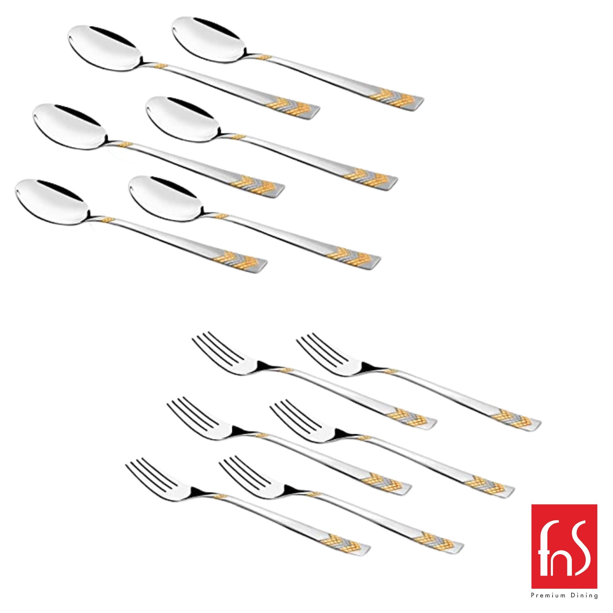 Premium silver cutlery set featuring six forks and six spoons with gold-accented handles, FNS branding.