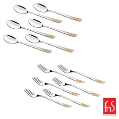 Premium silver cutlery set featuring six forks and six spoons with gold-accented handles, FNS branding.