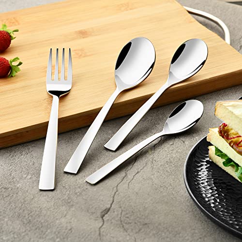 Fork and spoons arranged on wooden board, beside black plate of sandwich and strawberries.