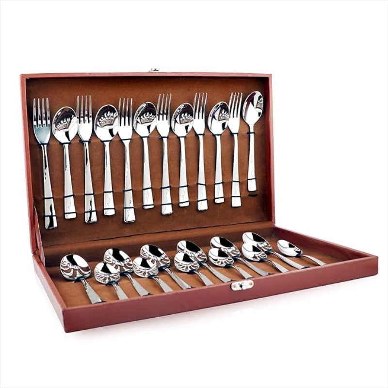 Polished stainless steel cutlery set neatly arranged in a brown presentation box with 24 pieces.