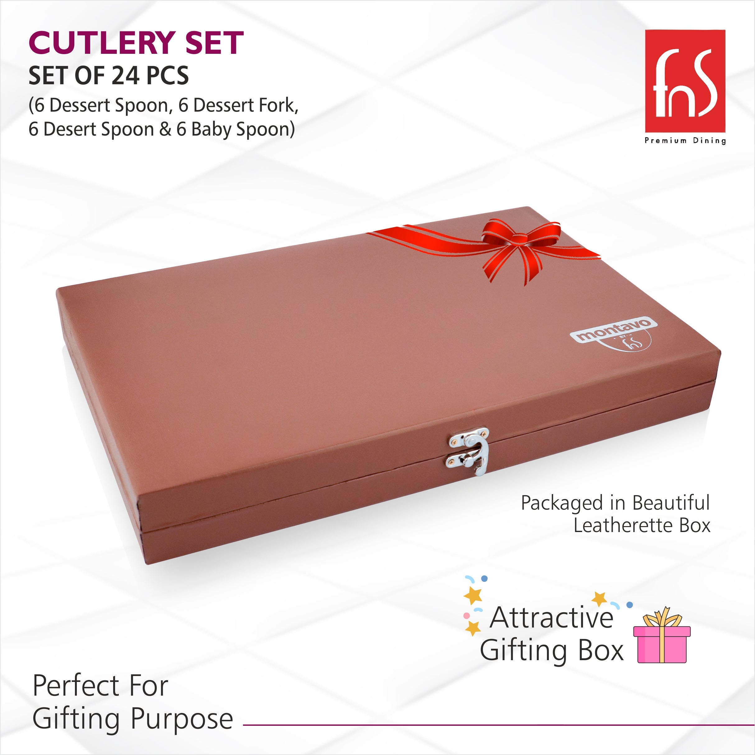 Closed brown FNS Montavo gift box for 24-piece cutlery set, perfect for gifting occasions.
