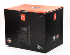 FNS cutlery set packaging box showing 24-piece hanging stand set with product features and branding.