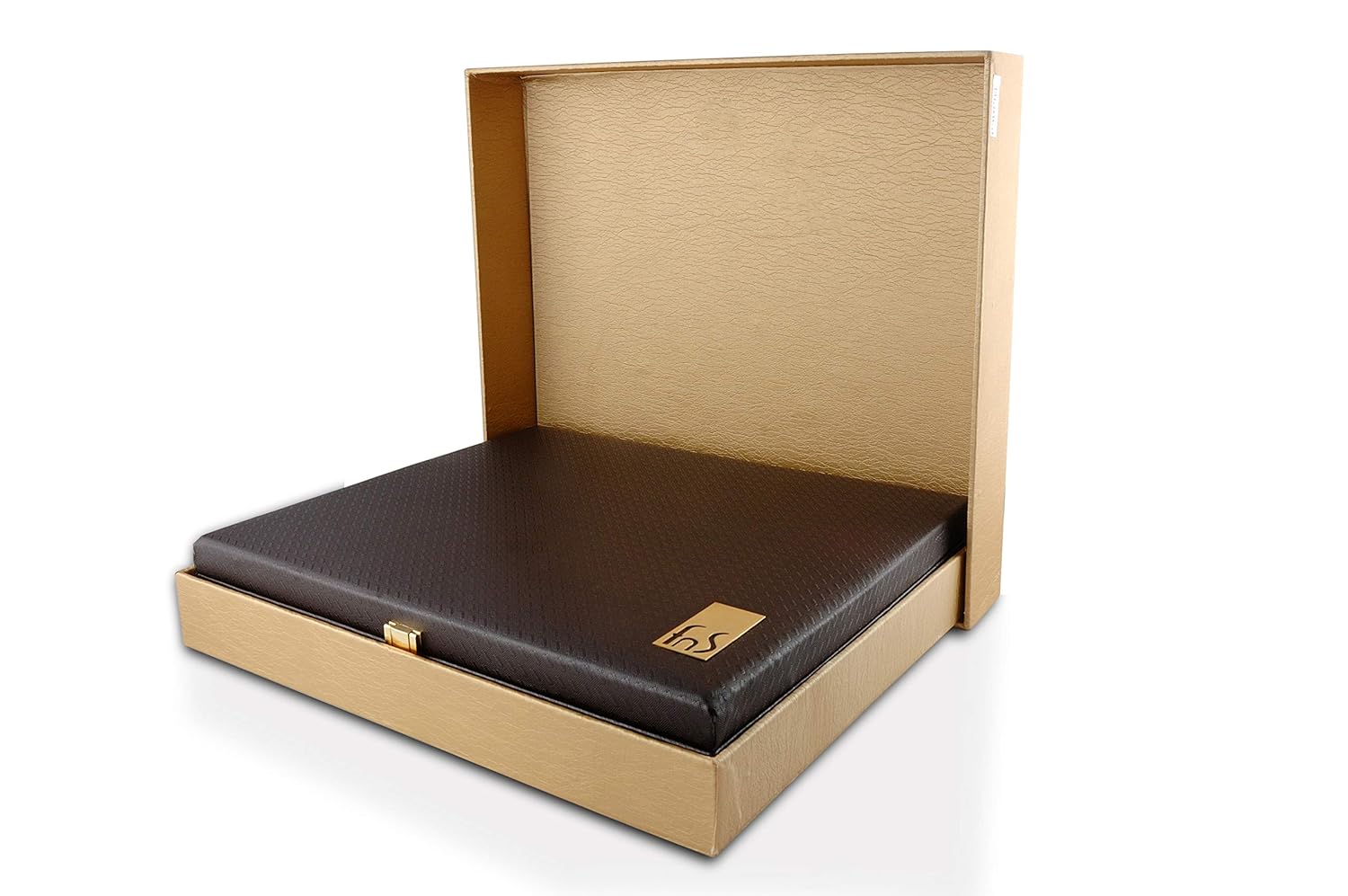 Sleek black cutlery case with golden clasp inside a textured gold outer box, showcasing premium packaging.