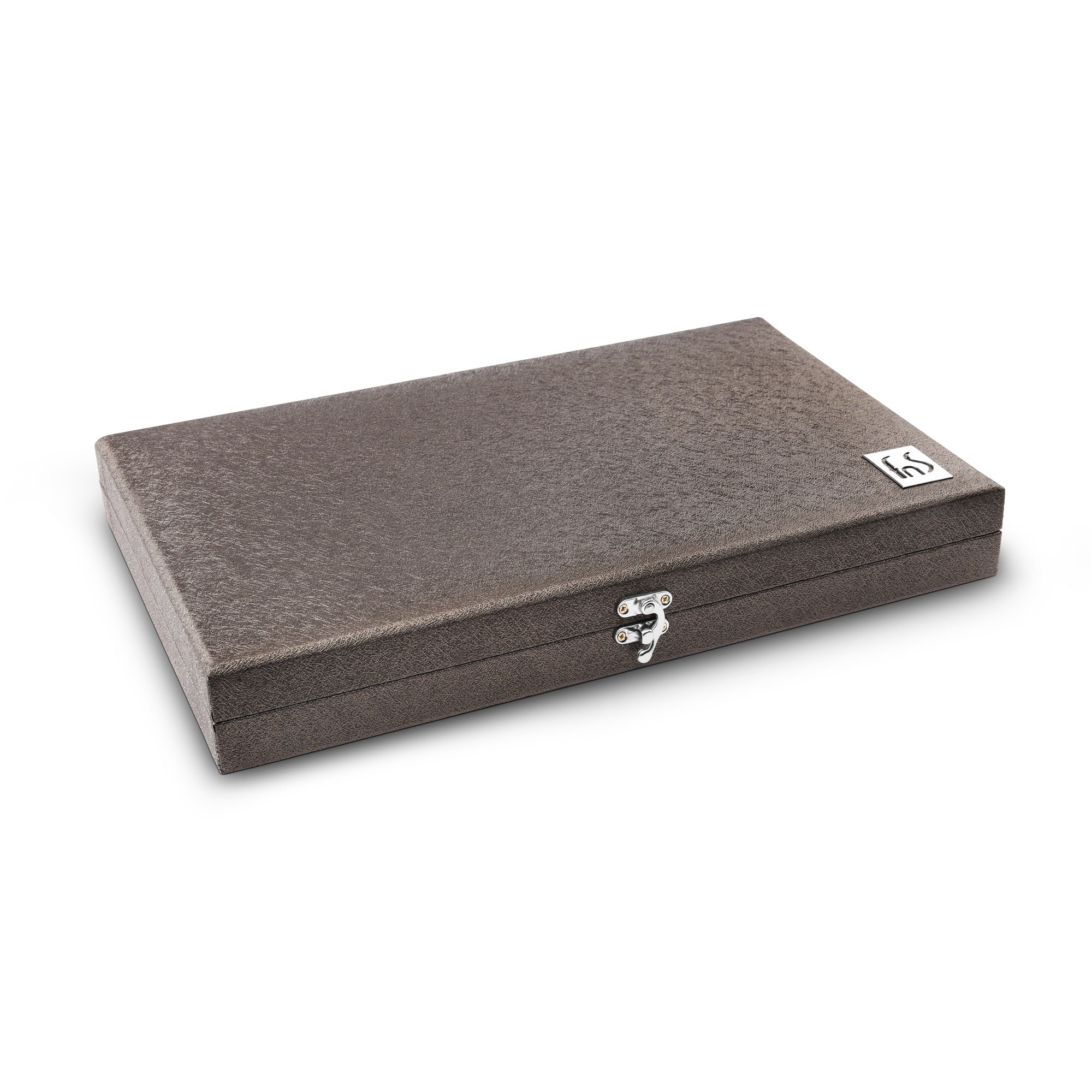 Textured brown cutlery storage case with latch closure and metal FnS logo on the top.