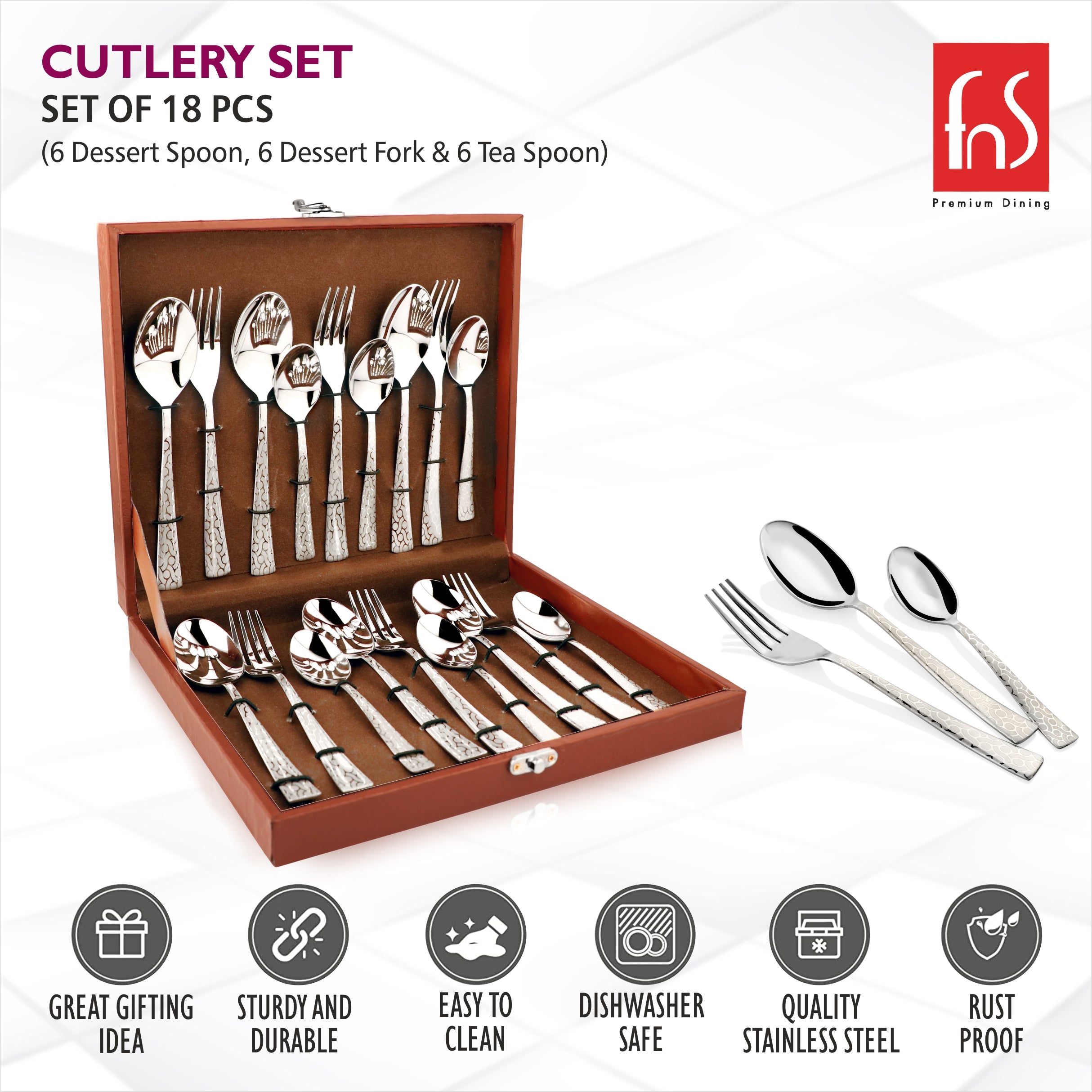 18-piece cutlery set in open box with product highlights: rustproof, dishwasher safe, gift-worthy.
