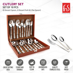 18-piece cutlery set in open box with product highlights: rustproof, dishwasher safe, gift-worthy.