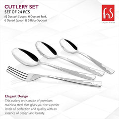 Stylish FNS cutlery set of 24 pieces, made of premium stainless steel with embossed handles.