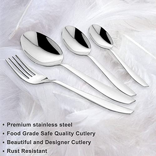 Silver cutlery set on feather backdrop with text highlighting premium stainless steel and rust resistance.