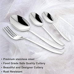 Silver cutlery set on feather backdrop with text highlighting premium stainless steel and rust resistance.