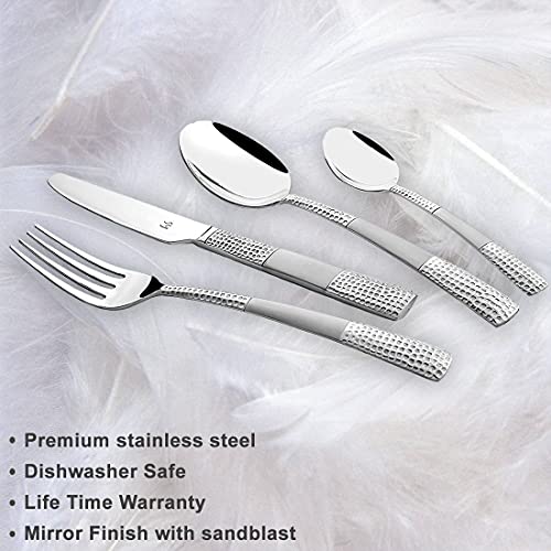 Premium stainless steel cutlery set displayed on feathers, highlighting features like mirror finish and durability.