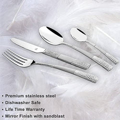 Premium stainless steel cutlery set displayed on feathers, highlighting features like mirror finish and durability.