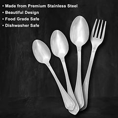 Four-piece cutlery set with engraved handles shown with features: stainless, dishwasher-safe, food-grade.