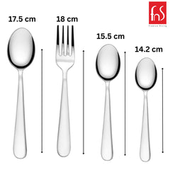Four stainless steel cutlery pieces—spoon, fork, tablespoon, teaspoon—with their lengths labeled in centimeters.