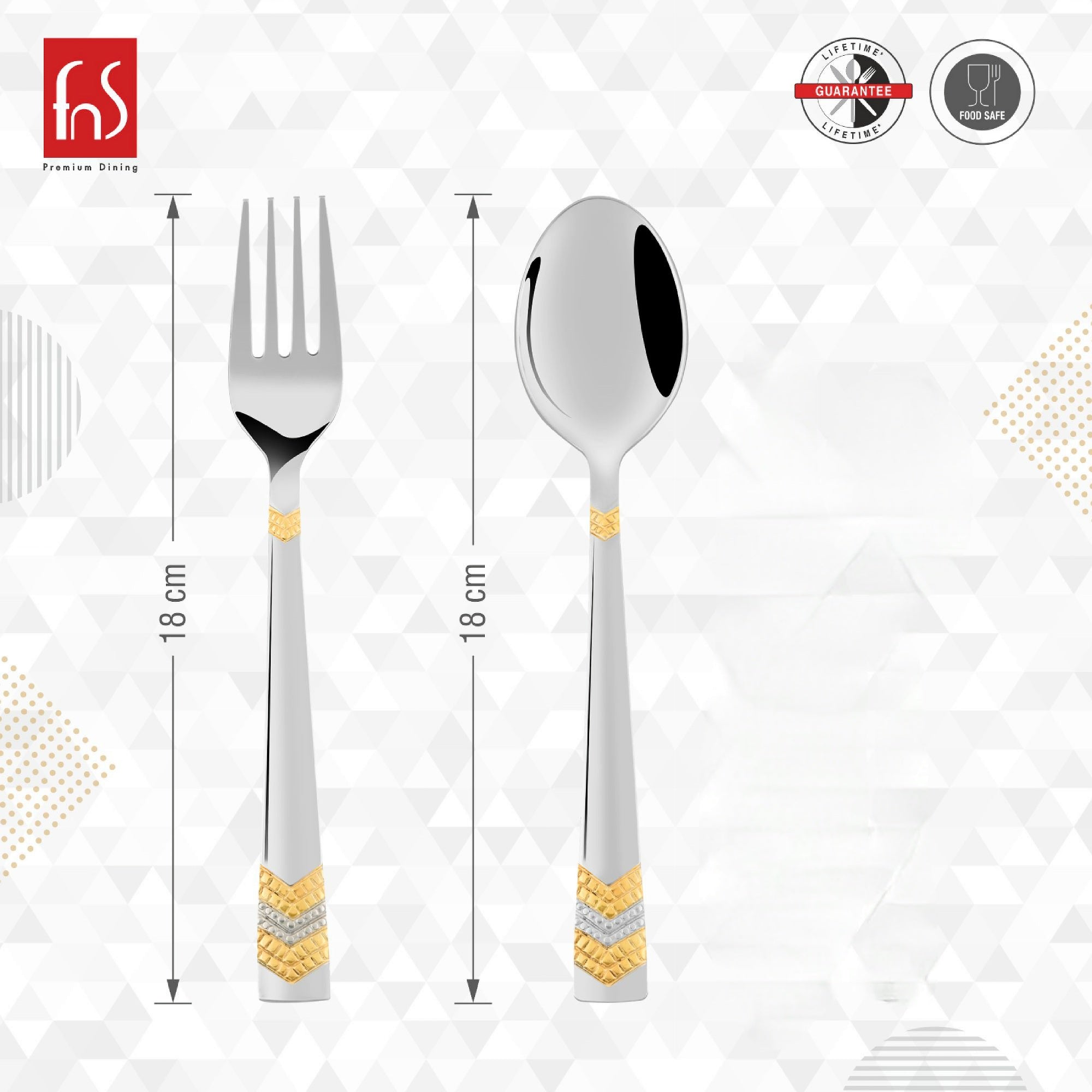 Stainless steel fork and spoon with gold detailing, both 18 cm long, shown with measurement indicators.