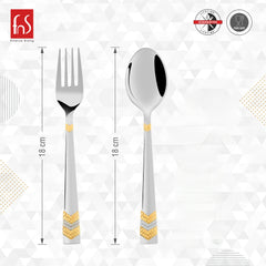 Stainless steel fork and spoon with gold detailing, both 18 cm long, shown with measurement indicators.