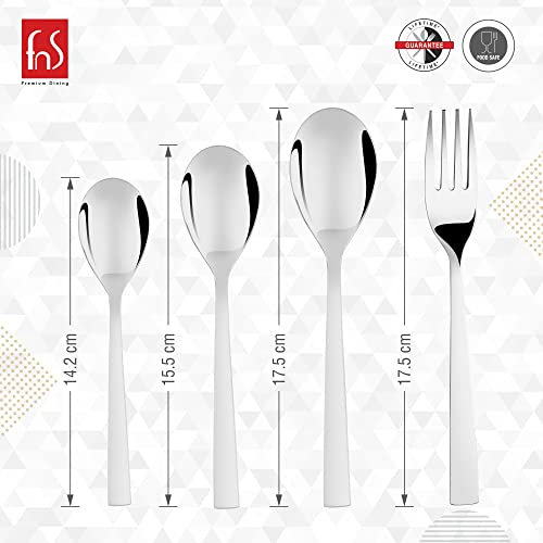 Cutlery set showing individual spoon and fork lengths with labeled measurements and brand icons.