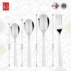 Cutlery set showing individual spoon and fork lengths with labeled measurements and brand icons.