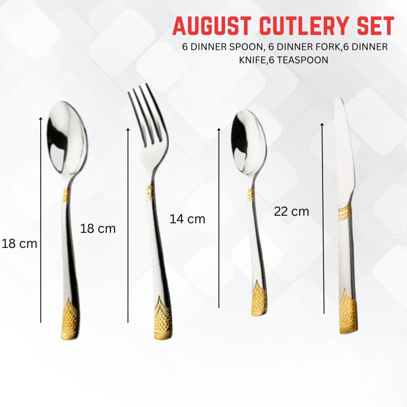 Dimensions of August cutlery: spoon 18cm, fork 14cm, teaspoon 18cm, knife 22cm with gold accents.