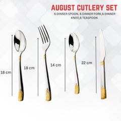 Dimensions of August cutlery: spoon 18cm, fork 14cm, teaspoon 18cm, knife 22cm with gold accents.