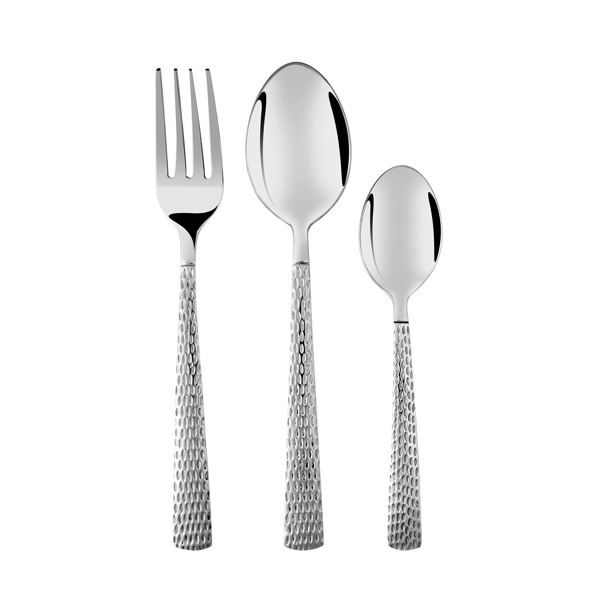 Close-up of three-piece stainless steel cutlery set with hammered handles, standing upright on white background.