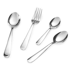 Close-up of four stainless steel utensils—fork and three types of spoons—on a white background.