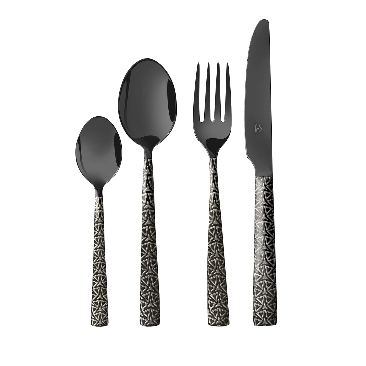 Four black utensils with silver patterned handles aligned upright on plain white background for product display.