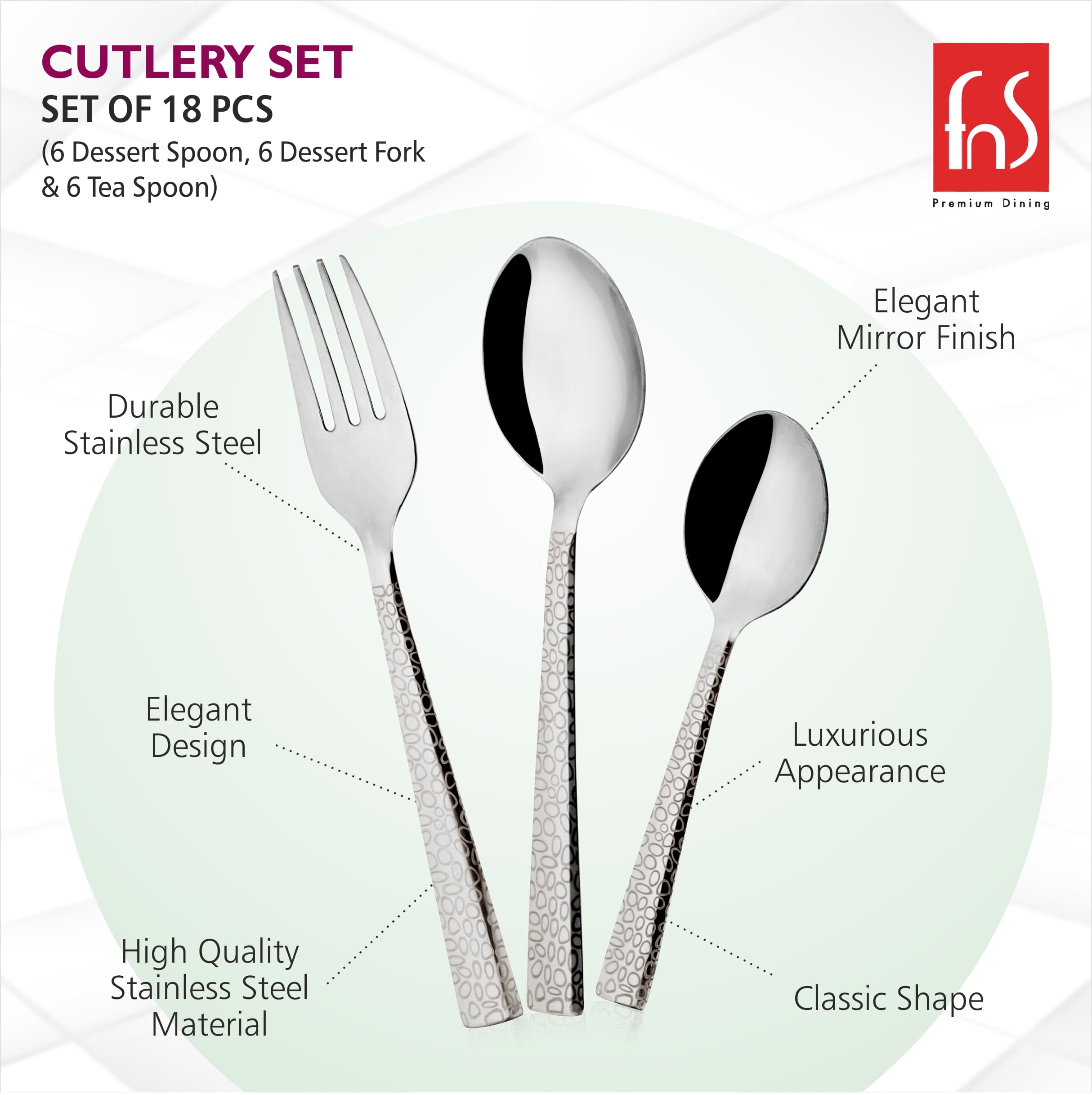 Cutlery set with dessert spoon, fork, teaspoon; durable stainless steel, elegant mirror finish, classic design.