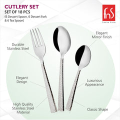 Cutlery set with dessert spoon, fork, teaspoon; durable stainless steel, elegant mirror finish, classic design.