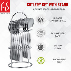 Stainless steel cutlery set with stand, 6 spoons and 6 forks, dishwasher safe and durable.