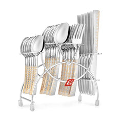 Elegant 24-piece cutlery set with gold detailing, organized in sleek silver hanging stand, side view.