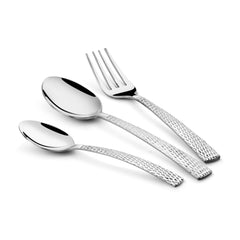 Hammered-handle fork and spoons diagonally arranged on white background to highlight premium stainless steel finish.