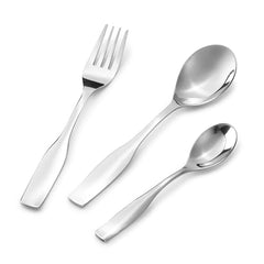 Fork, tablespoon, and teaspoon with smooth, contoured handles arranged side-by-side on white surface.