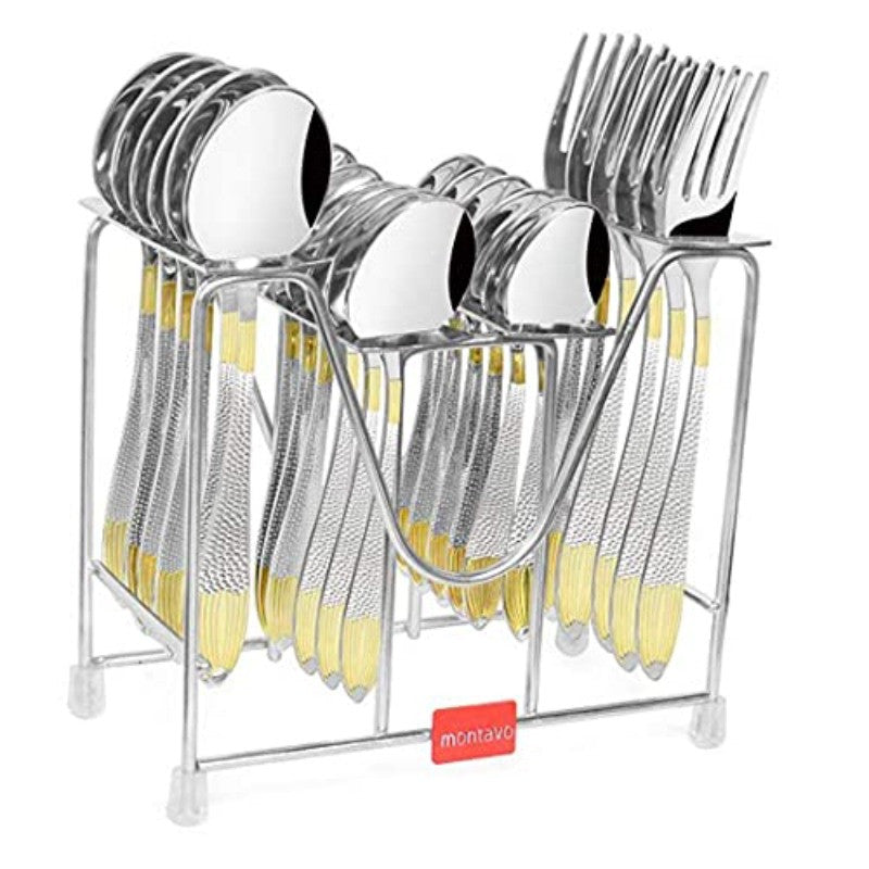 24-piece cutlery set with golden-detailed handles arranged in a metal stand for neat organization.