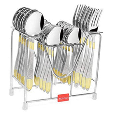 24-piece cutlery set with golden-detailed handles arranged in a metal stand for neat organization.