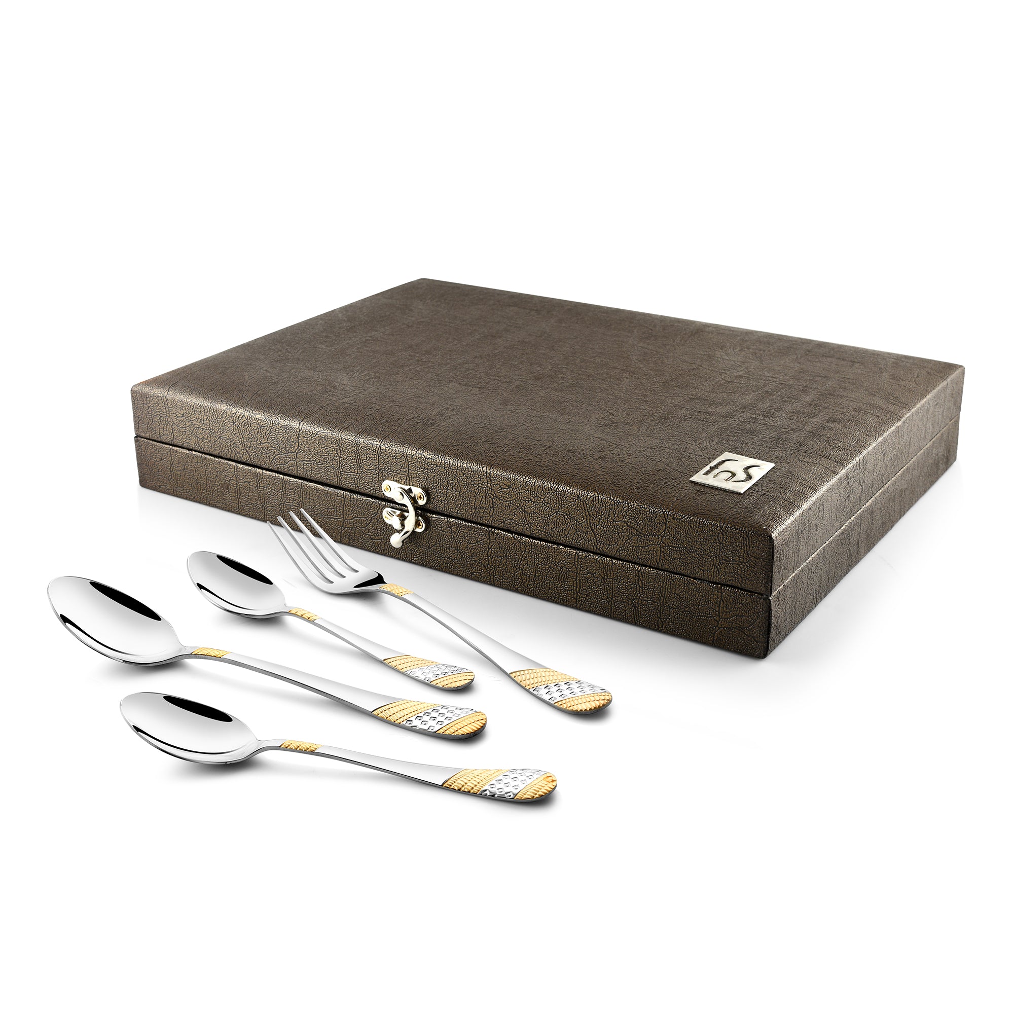 Textured brown box with lock, accompanied by four gold-accented cutlery pieces on white background.