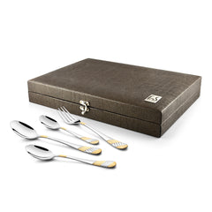 Textured brown box with lock, accompanied by four gold-accented cutlery pieces on white background.