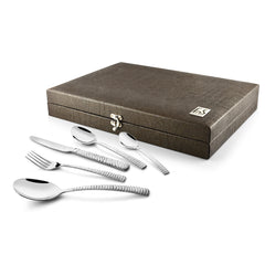 Brown textured cutlery box with clasp, beside five-piece stainless steel set with hammered silver handles.