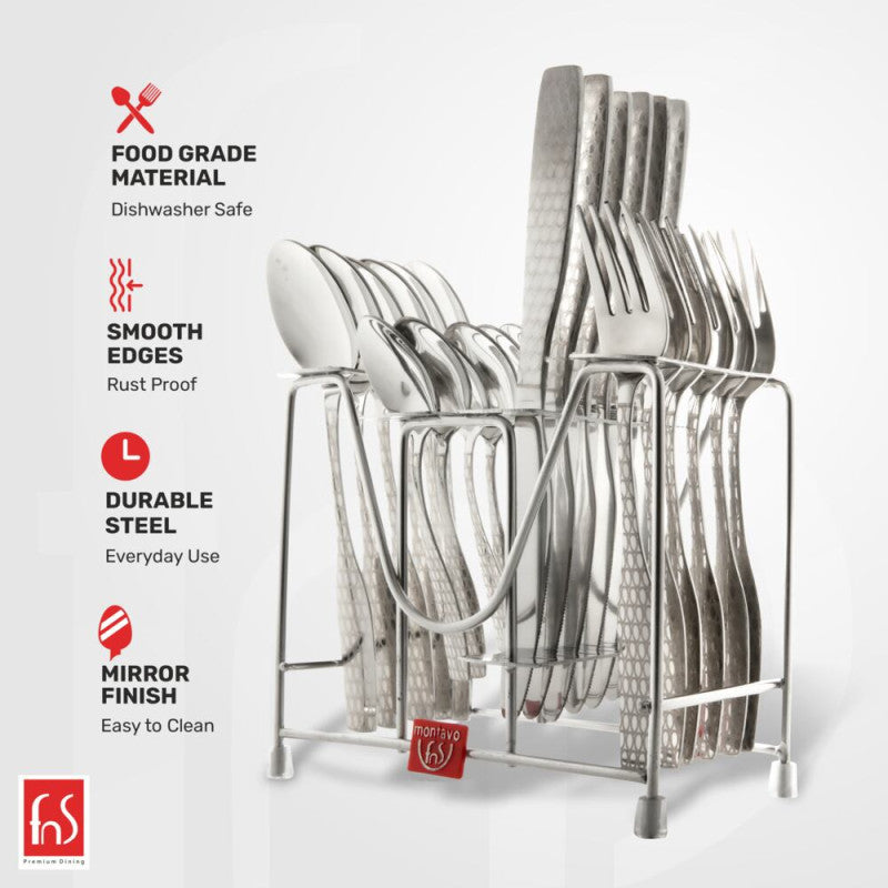 Cutlery dimensions labeled for tablespoon, dessert fork, dessert spoon, and dessert knife.