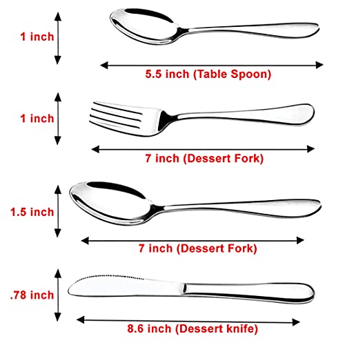 Diagram showing dimensions of table spoon, dessert fork, dessert spoon, and dessert knife with measurements.