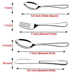 Diagram showing dimensions of table spoon, dessert fork, dessert spoon, and dessert knife with measurements.