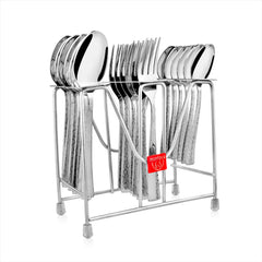 18-piece stainless steel cutlery set neatly arranged in silver stand, displayed on clean white background.