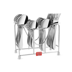 Polished stainless steel spoons, forks, and knives displayed in organized holder against white background.